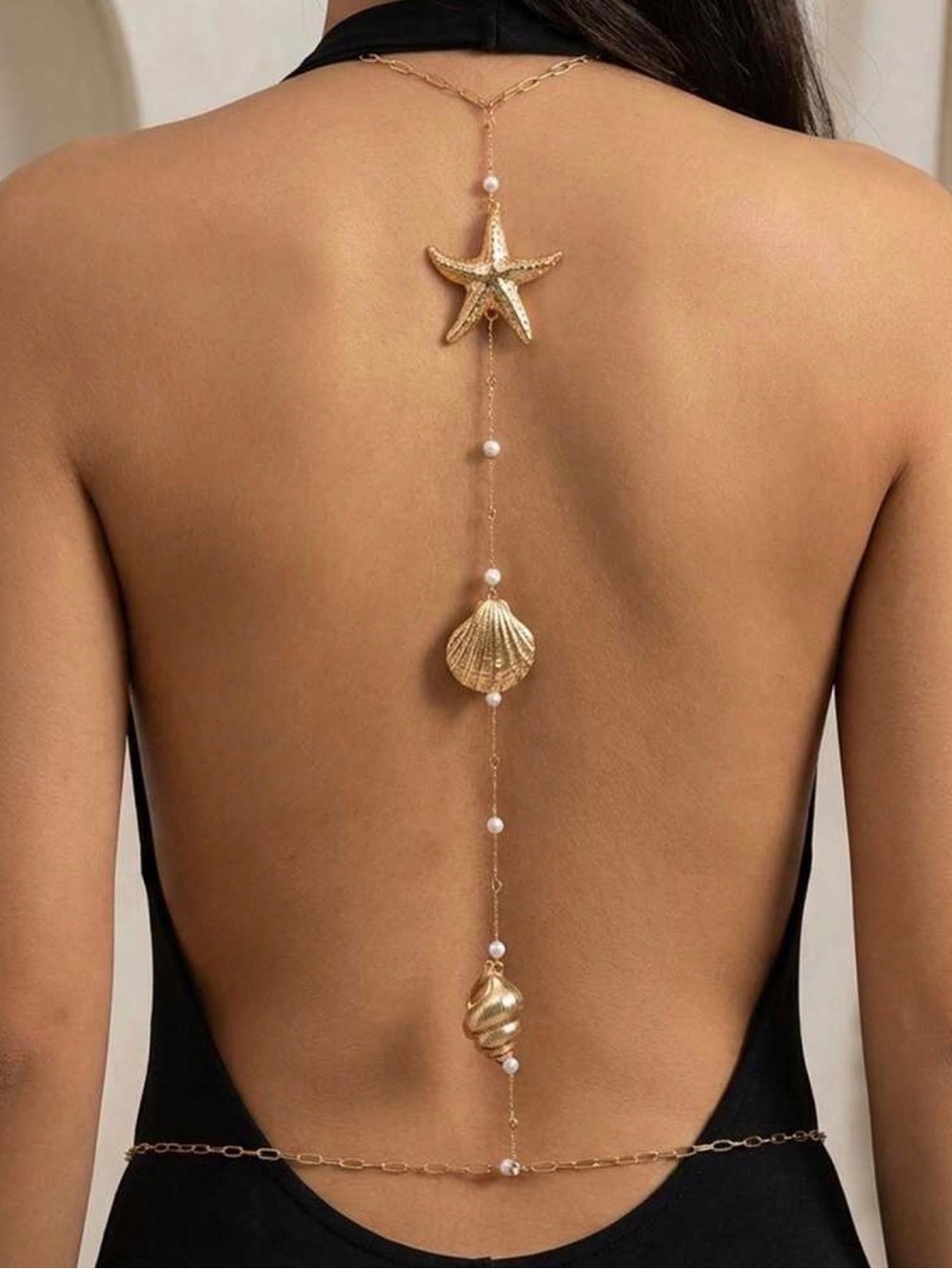 Black Backless Dress with Gold Seashell Chain